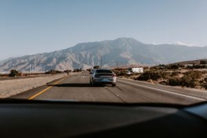 mountains through car windscreen